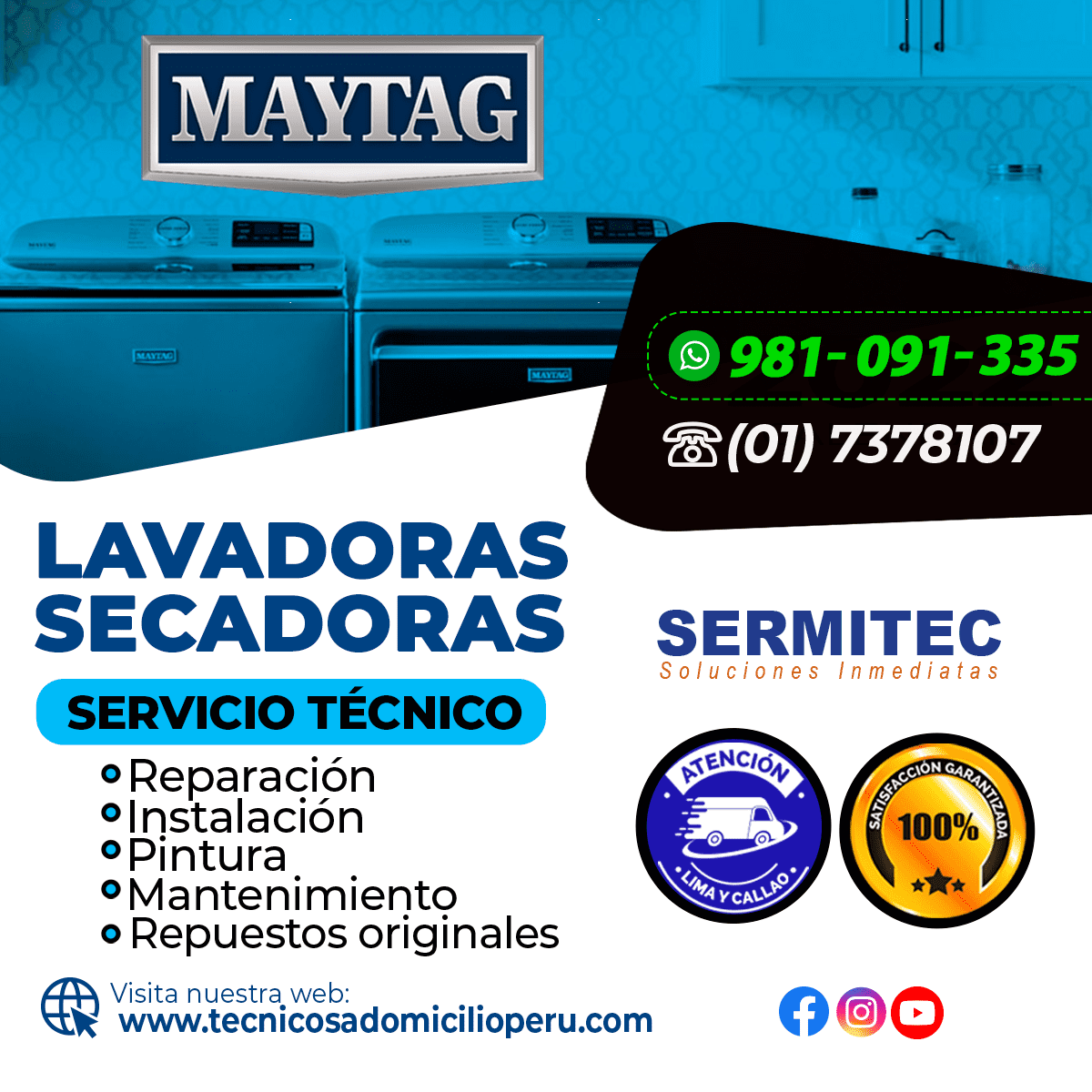 Garantía Mantenimiento lavadoras MAYTAG 981091335 CARABAYLLO